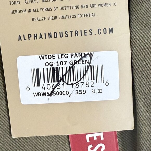 Alpha Industries Womens Wide Leg Pant W OG-107 Green Cargo Pocket Sz 31x32 NWT - Picture 11 of 16